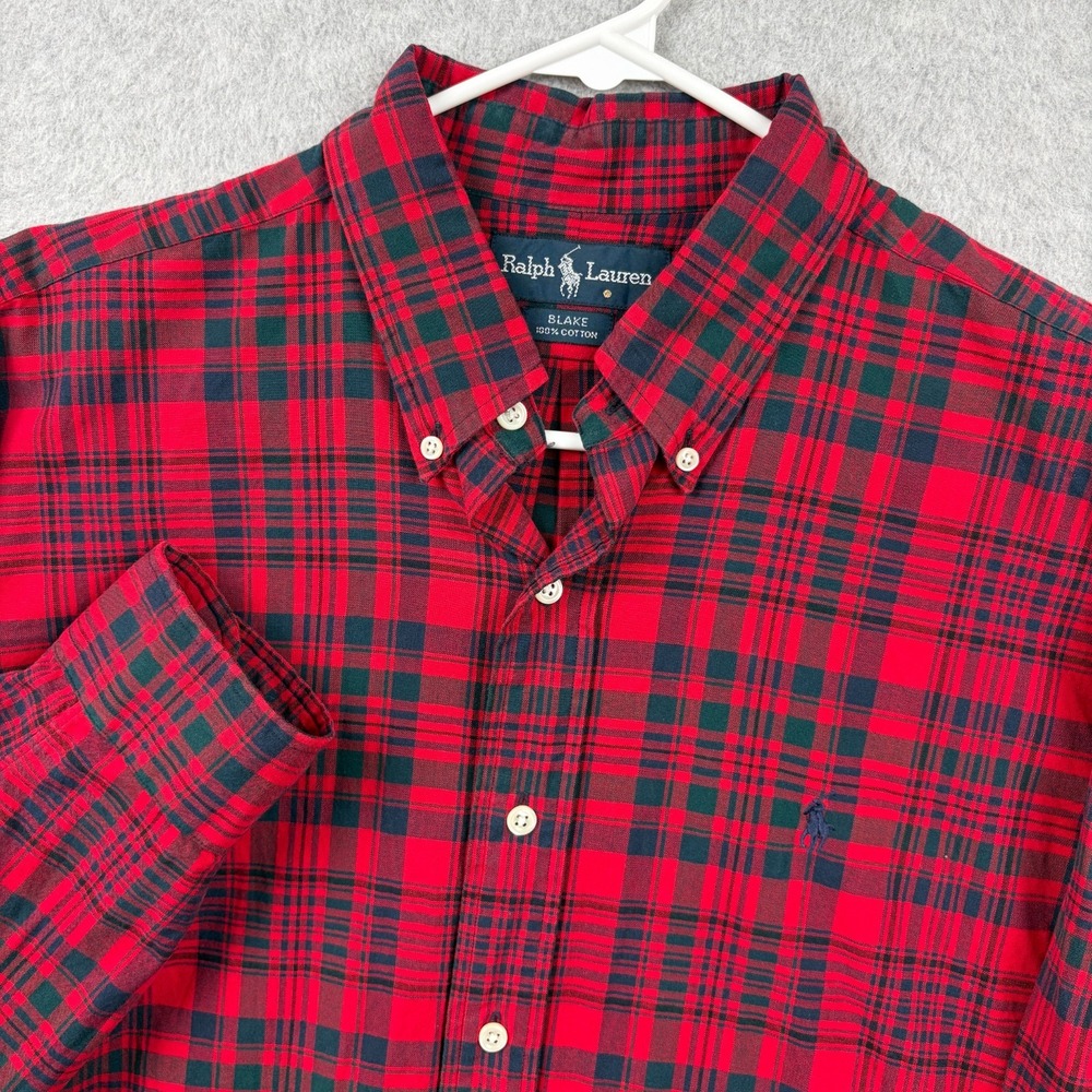 Vintage Ralph Lauren Blake Shirt Mens Large Red Navy Tartan Plaid Oxford OCBD